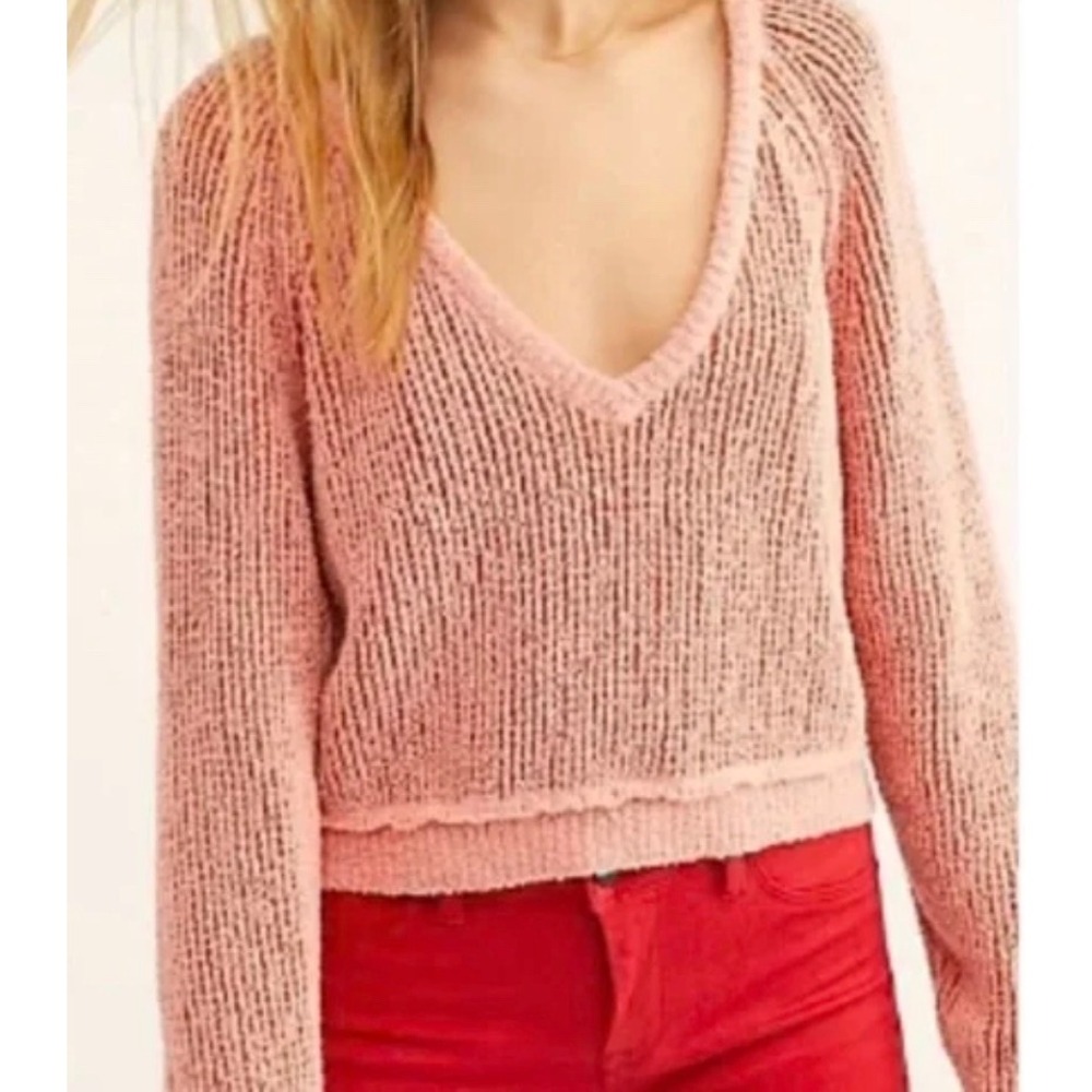 Free People Boho Feminine Crop High Low V-Neck Knit Pink and Orange Sweater SZ L